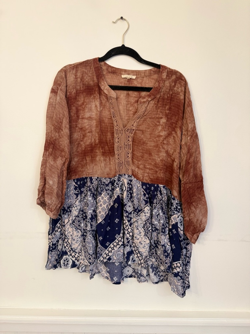 Mystree Two-Tone Boho Tunic in Brown and Navy Paisley